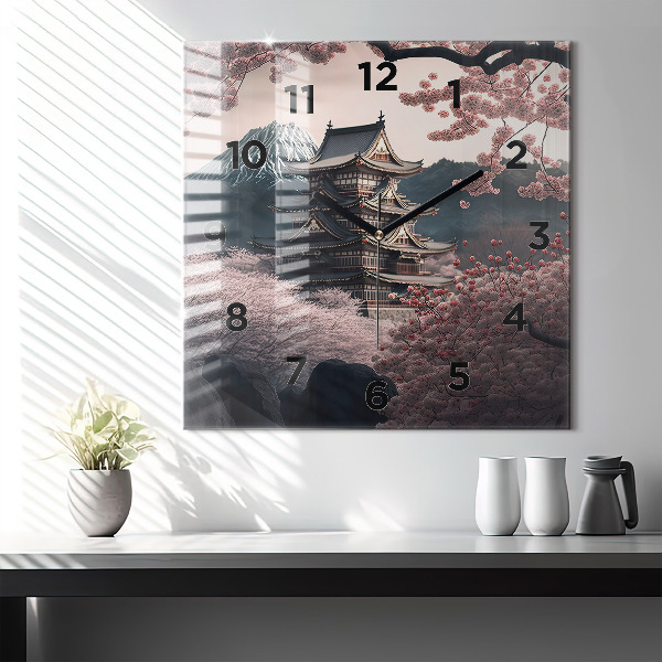 Square glass wall clock Tower and flowers in Asia