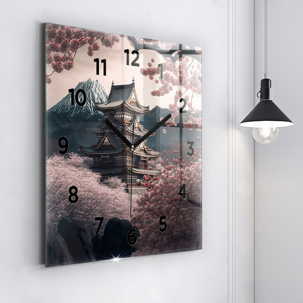 Square glass wall clock Tower and flowers in Asia