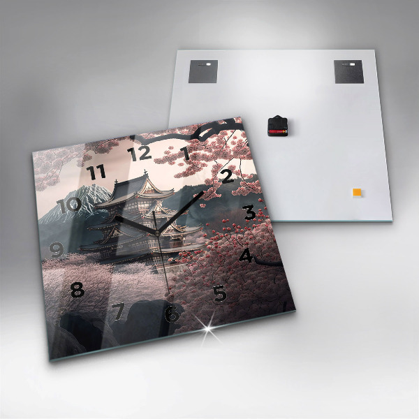 Square glass wall clock Tower and flowers in Asia