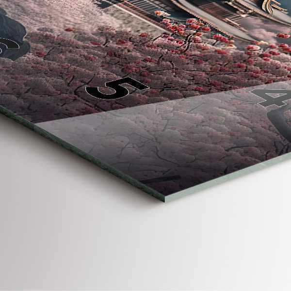 Square glass wall clock Tower and flowers in Asia