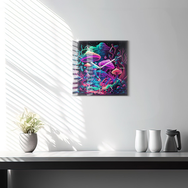 Square glass wall clock Neon mushrooms