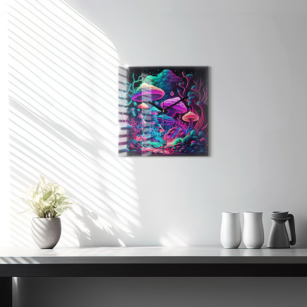 Square glass wall clock Neon mushrooms