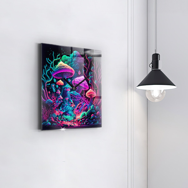 Square glass wall clock Neon mushrooms