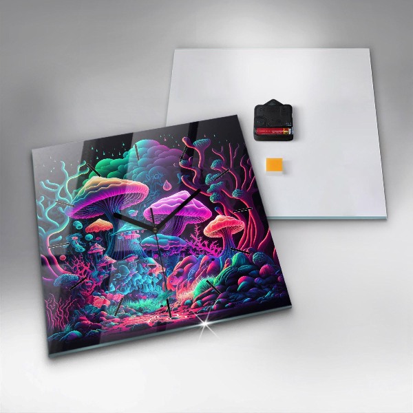 Square glass wall clock Neon mushrooms