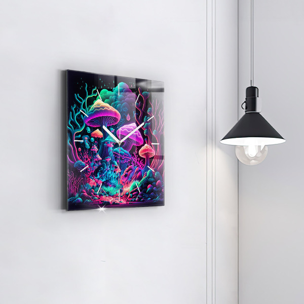 Square glass wall clock Neon mushrooms