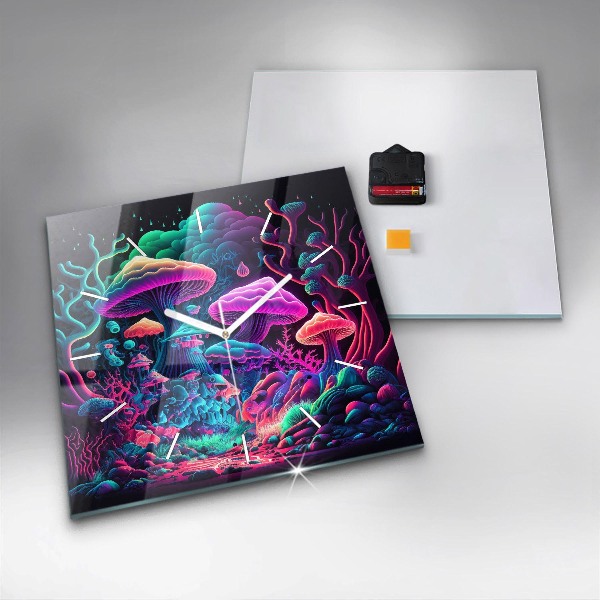 Square glass wall clock Neon mushrooms