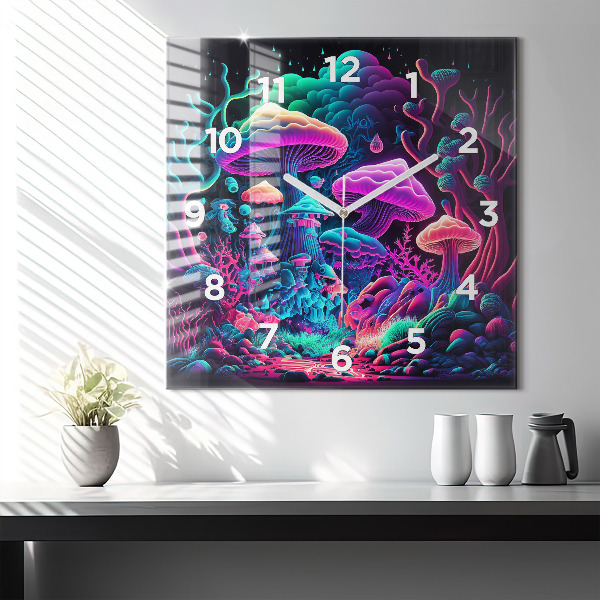 Square glass wall clock Neon mushrooms