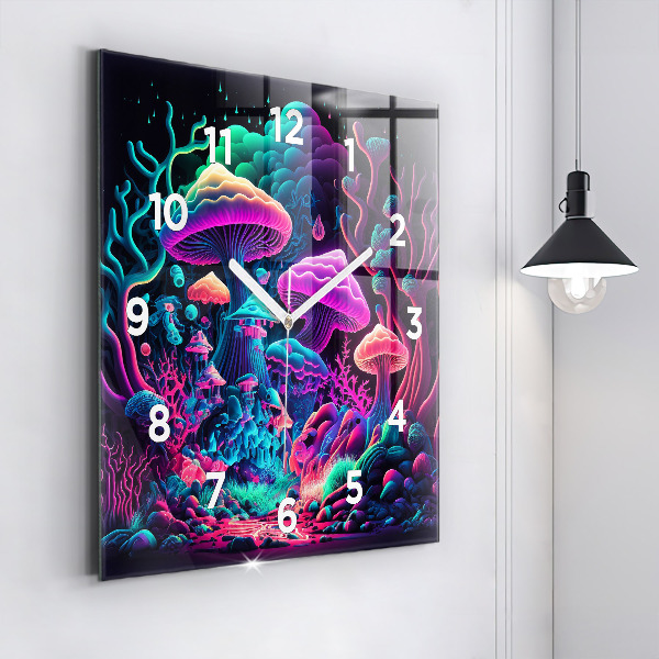 Square glass wall clock Neon mushrooms