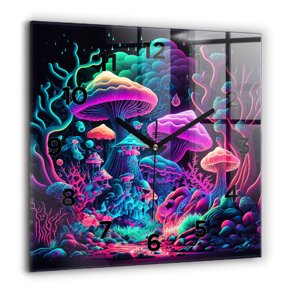 Square glass wall clock Neon mushrooms
