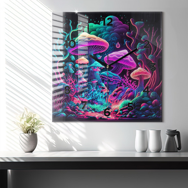 Square glass wall clock Neon mushrooms