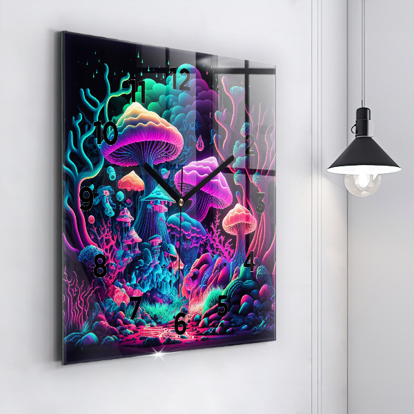 Square glass wall clock Neon mushrooms