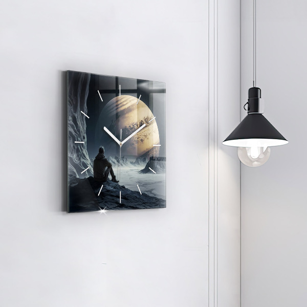 Square glass wall clock Man in front of the moon