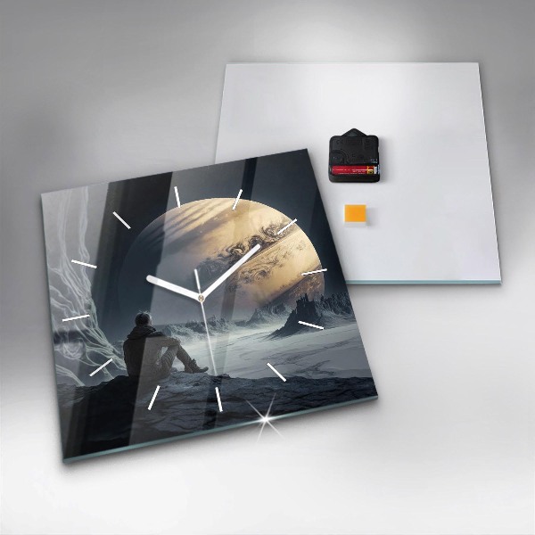 Square glass wall clock Man in front of the moon
