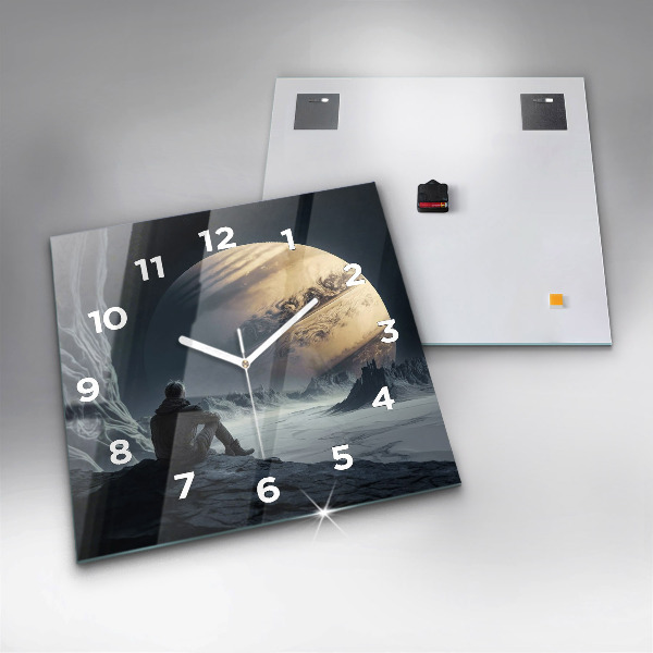 Square glass wall clock Man in front of the moon
