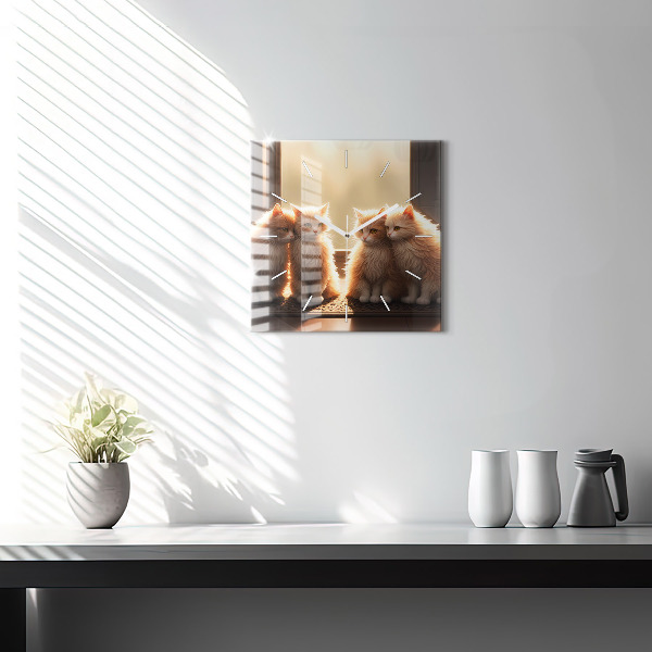 Square glass wall clock Four Kittens in the Sun