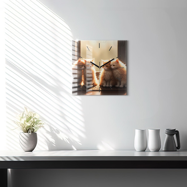 Square glass wall clock Four Kittens in the Sun