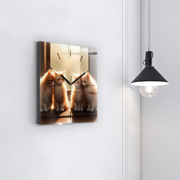 Square glass wall clock Four Kittens in the Sun