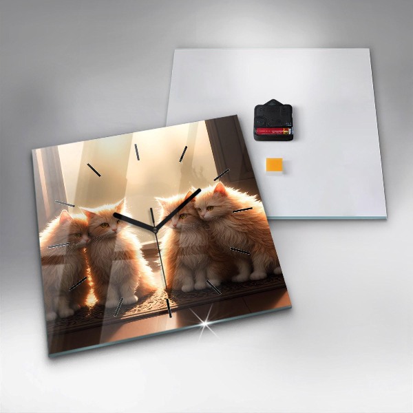 Square glass wall clock Four Kittens in the Sun
