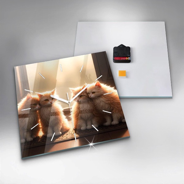 Square glass wall clock Four Kittens in the Sun