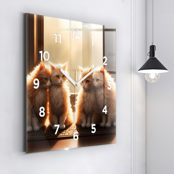 Square glass wall clock Four Kittens in the Sun