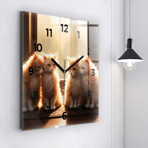 Square glass wall clock Four Kittens in the Sun