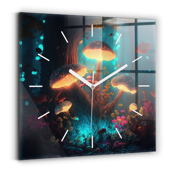 Square glass wall clock Forest and magic mushrooms