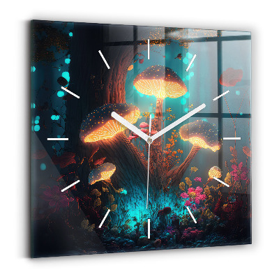 Square glass wall clock Forest and magic mushrooms