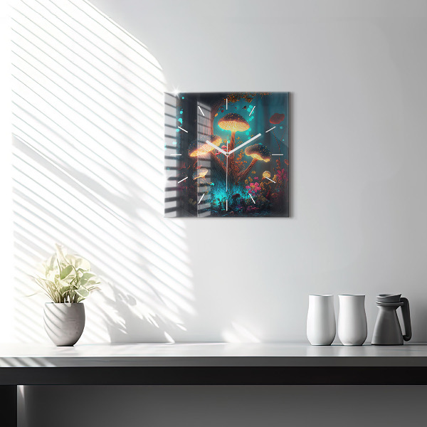 Square glass wall clock Forest and magic mushrooms