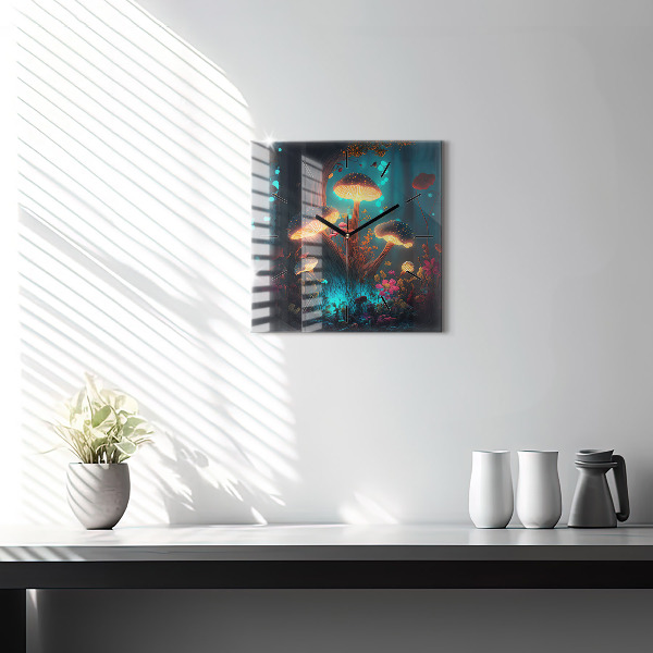 Square glass wall clock Forest and magic mushrooms