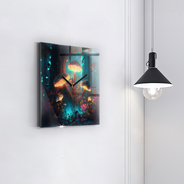 Square glass wall clock Forest and magic mushrooms