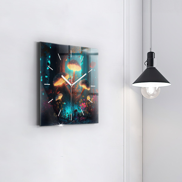 Square glass wall clock Forest and magic mushrooms
