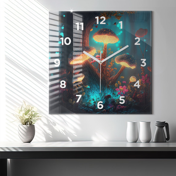 Square glass wall clock Forest and magic mushrooms