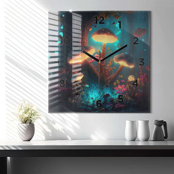 Square glass wall clock Forest and magic mushrooms
