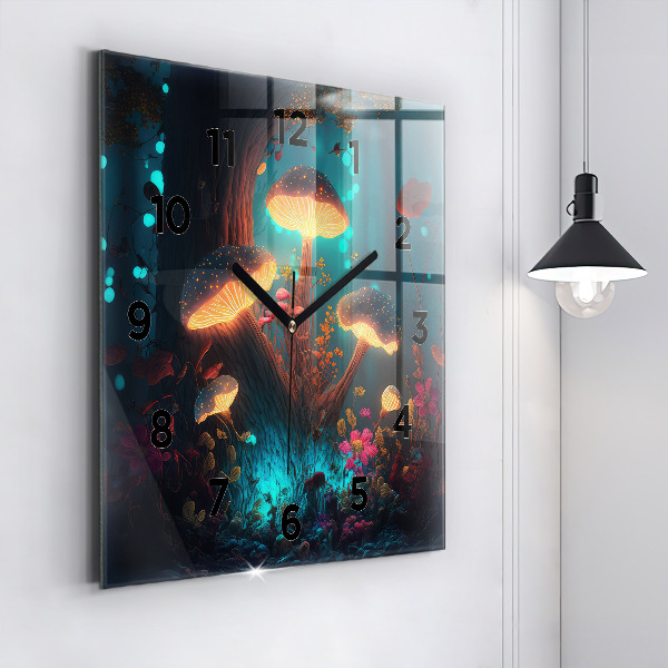 Square glass wall clock Forest and magic mushrooms