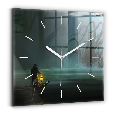 Square glass wall clock Man and Monster in the Swamp