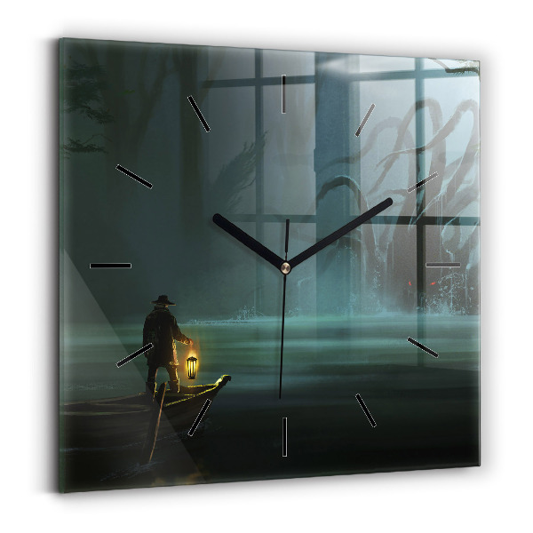 Square glass wall clock Man and Monster in the Swamp