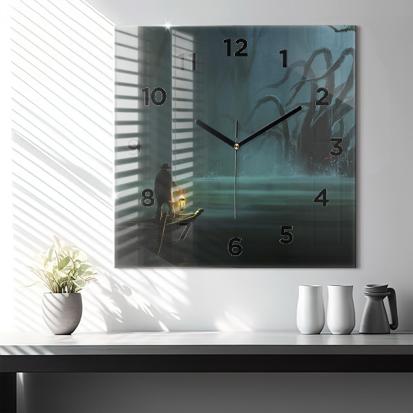 Square glass wall clock Man and Monster in the Swamp