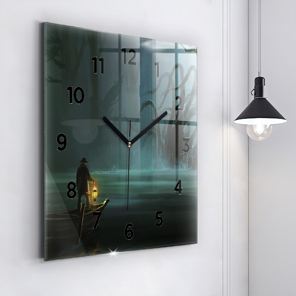 Square glass wall clock Man and Monster in the Swamp