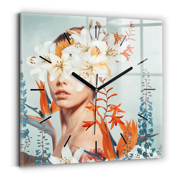 Square glass wall clock Woman with flowers