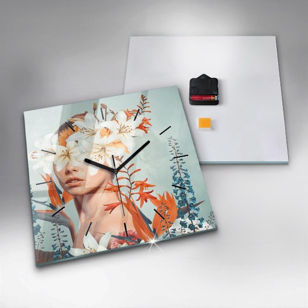 Square glass wall clock Woman with flowers