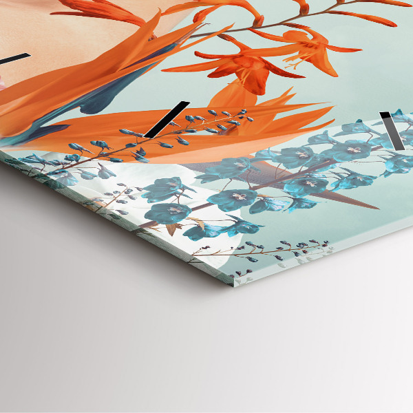 Square glass wall clock Woman with flowers