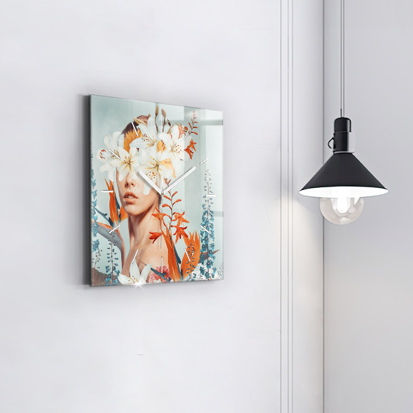 Square glass wall clock Woman with flowers