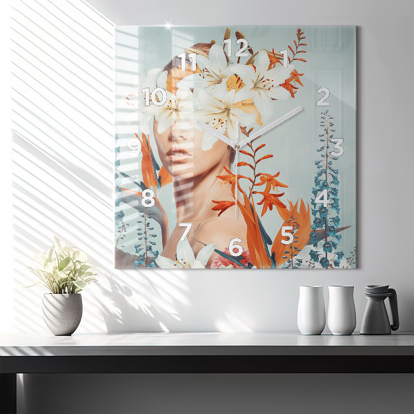 Square glass wall clock Woman with flowers