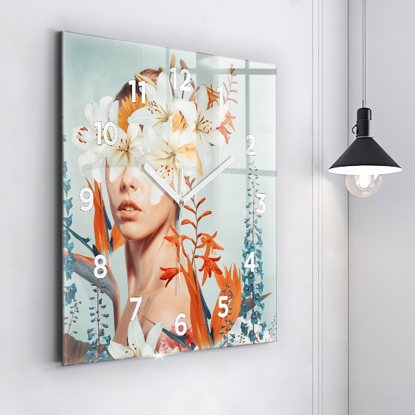 Square glass wall clock Woman with flowers