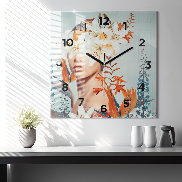 Square glass wall clock Woman with flowers