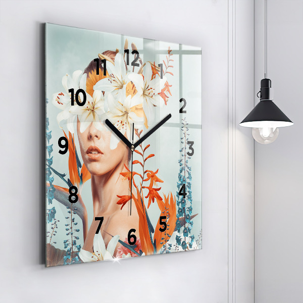 Square glass wall clock Woman with flowers