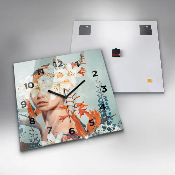 Square glass wall clock Woman with flowers