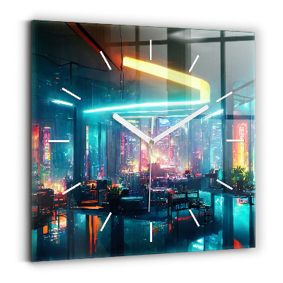 Square glass wall clock Cyberpunk style city