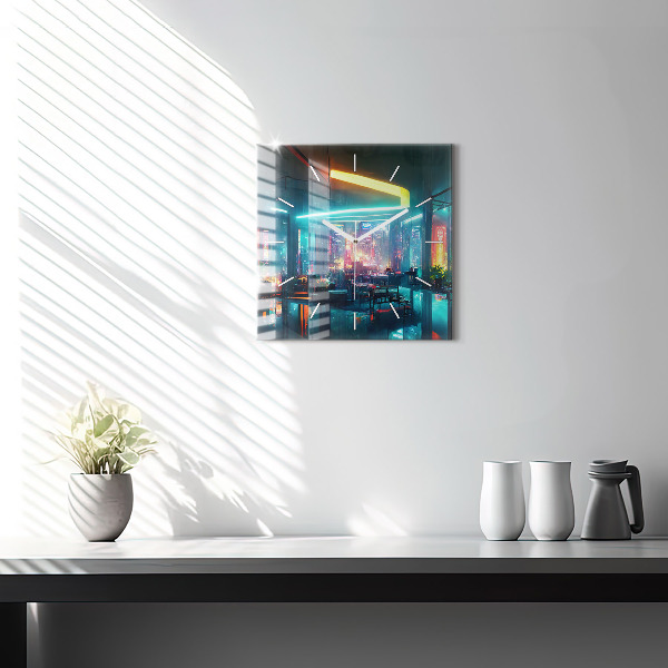 Square glass wall clock Cyberpunk style city