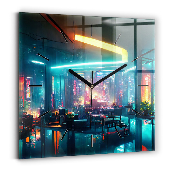 Square glass wall clock Cyberpunk style city